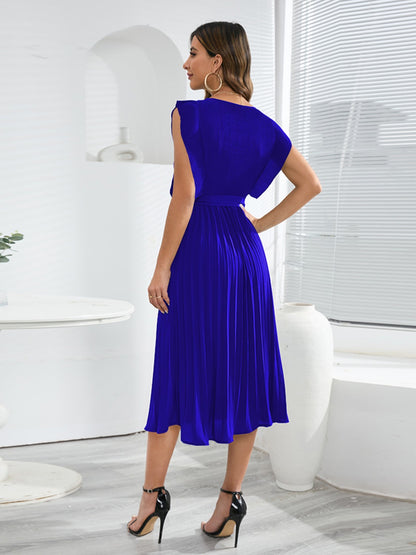 Tied Round Neck Pleated Midi Dress