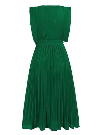 Tied Round Neck Pleated Midi Dress