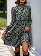 Frill Printed Mock Neck Long Sleeve Mini Dress