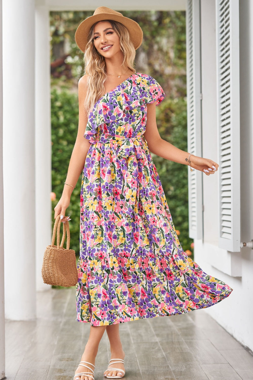 Ruffled Floral One Shoulder Dress