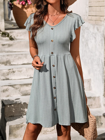 Decorative Button Ruffled V-Neck Dress