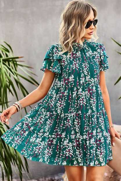 Floral Layered Flutter Sleeve Dress