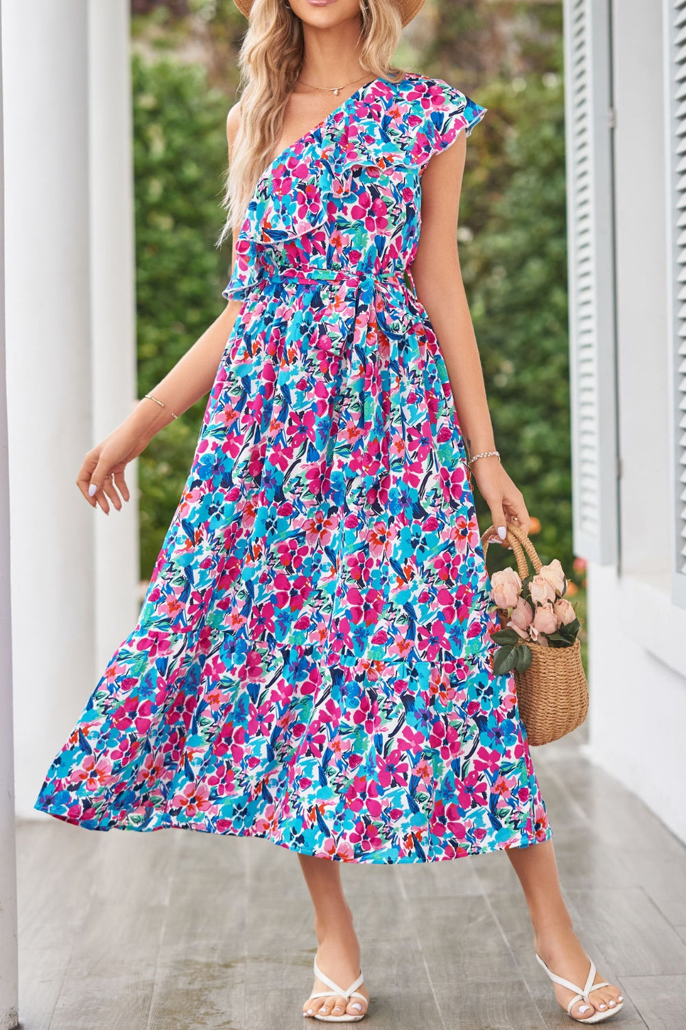 Ruffled Floral One Shoulder Dress