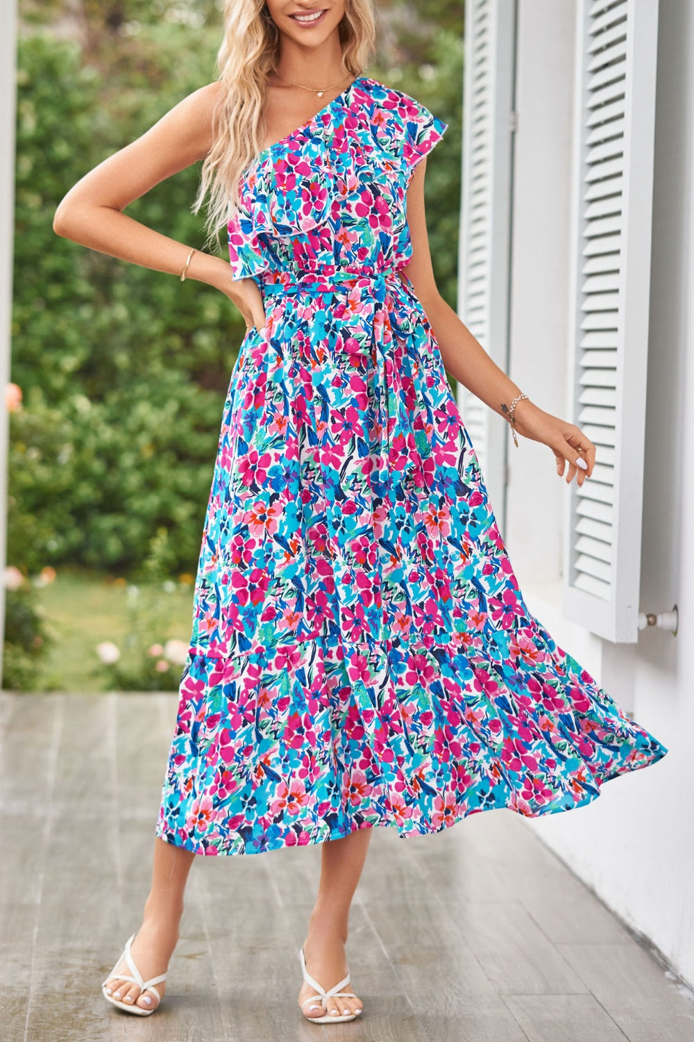 Ruffled Floral One Shoulder Dress