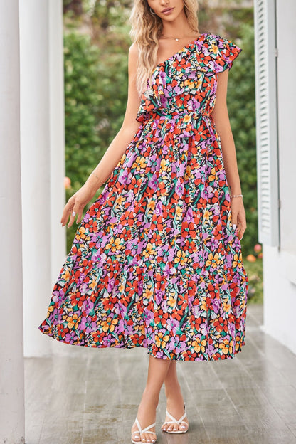 Ruffled Floral One Shoulder Dress