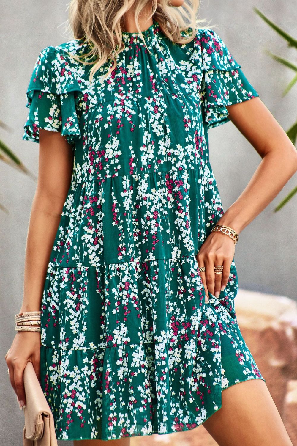 Floral Layered Flutter Sleeve Dress