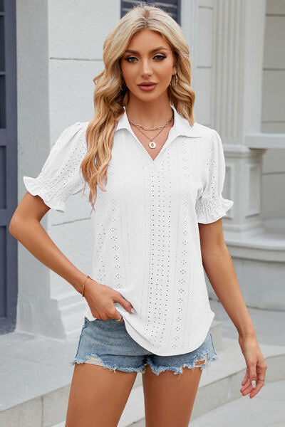 Eyelet Johnny Collar Short Sleeve Blouse