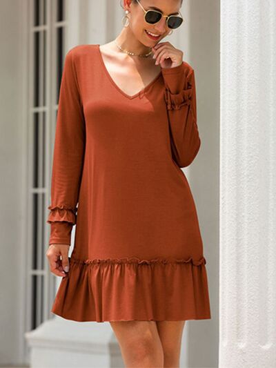 Frill V-Neck Long Sleeve Mini Dress