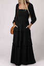 Square Neck Long Sleeve Tiered Dress