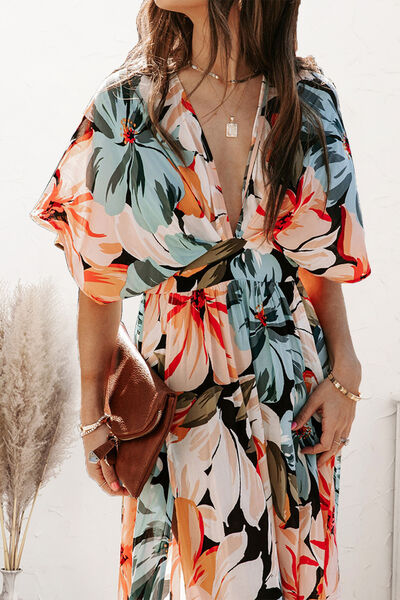 Plunge Split Printed Short Sleeve Dress