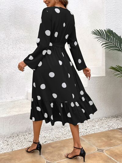 Tied Polka Dot Round Neck Ruffle Hem Dress