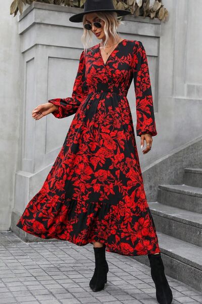 Printed Surplice Balloon Sleeve Midi Dress